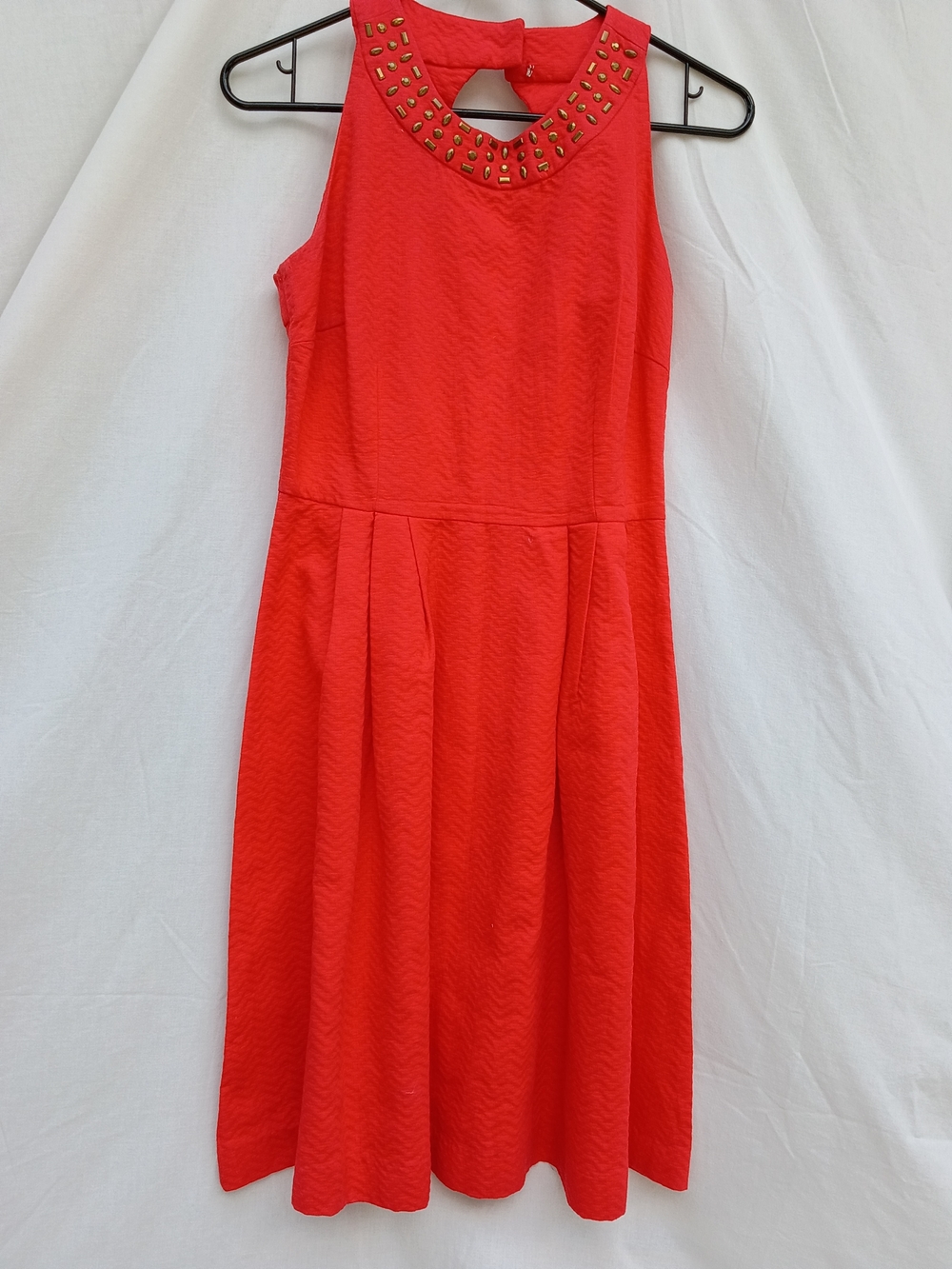 New York & Company Bright Red Midi Dress with Gold Embellished Collar